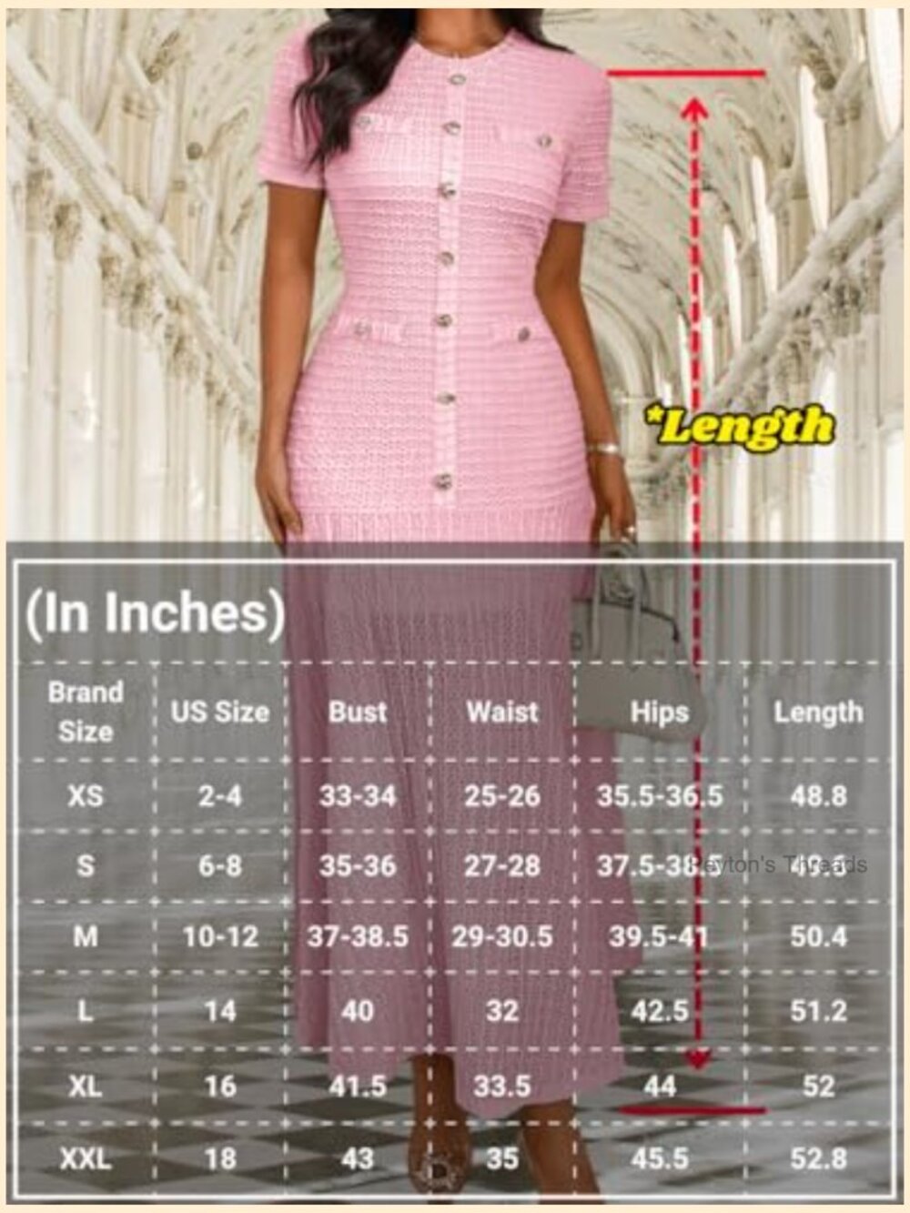Knit Midi Dress with Decorative Metal Buttons, Crew Neck Short Sleeve - Picture 6 of 7